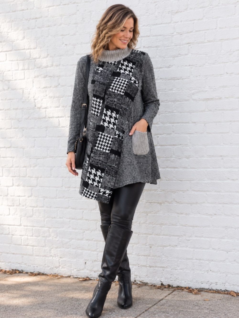 Trisha Tayler Patchwork Houndstooth Asymmetrical Knit Tunic Sweater Size L